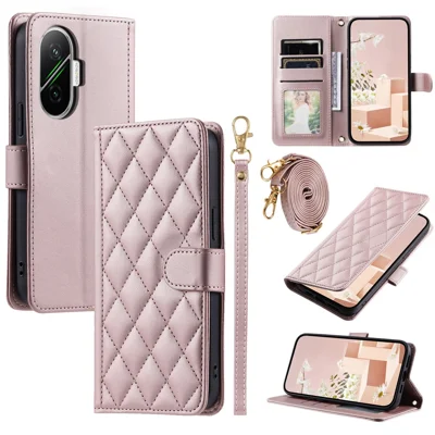 For Xiaomi Poco F7 5G / Redmi Turbo 4 Pro 5G Case Wallet Rhombus Grid PU Leather Phone Cover with Shoulder Strap / Wrist Strap - Rose Gold