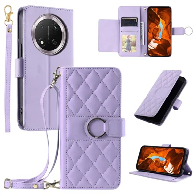 Crossbody Leather Case for Honor X9c 5G / Magic7 Lite 5G / X60 Pro 5G Ring Buckle Wallet Stand Rhombus Mobile Cover - Purple