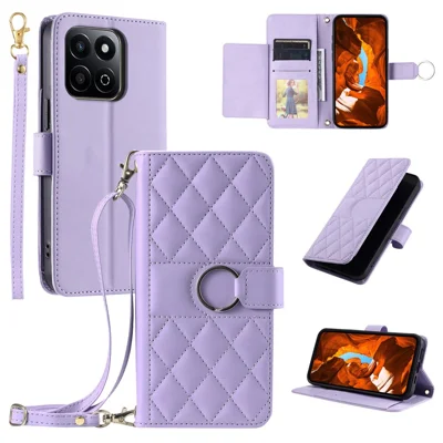 Crossbody Leather Case for Honor X7c 4G / X7c 5G / 200 Smart 5G / Play 60 Plus 5G / Play 9T Ring Buckle Wallet Stand Rhombus Mobile Cover - Purple