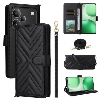 For Realme P4 Pro 5G Case with Shoulder  /  Wrist Strap Leather Phone Cover Stand Wallet - Black