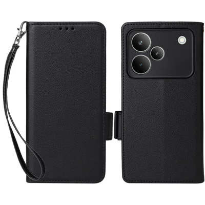 For Realme P4 Pro 5G Case Litchi Texture Wallet Leather Phone Cover with Wrist Strap - Black