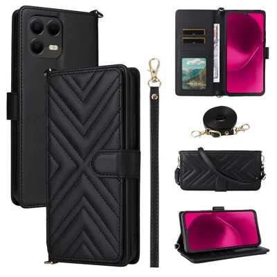 Leather Case for T-Mobile Revvl 8 Pro / T-Mobile T Phone 3 Pro / Telekom T Phone 3 Pro Stand Wallet Phone Cover with Shoulder / Wrist Strap - Black