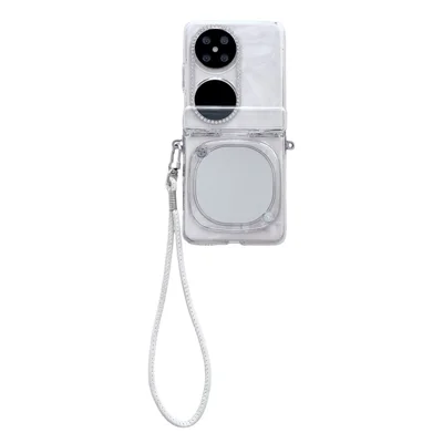 Voor Huawei Pocket 2 Hoesje Met Spiegeltje Harde PC Flip Hoes met Gehard Glas Achterkantfilm - Wit