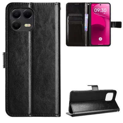 For T-Mobile Revvl 8 Pro PU Leather Case with Strap Crazy Horse Texture Phone Wallet Cover - Black
