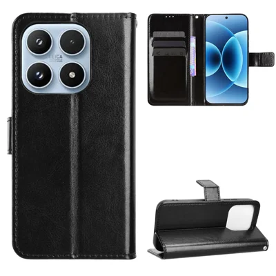 For Xiaomi 17 PU Leather Case with Strap Crazy Horse Texture Phone Wallet Cover - Black