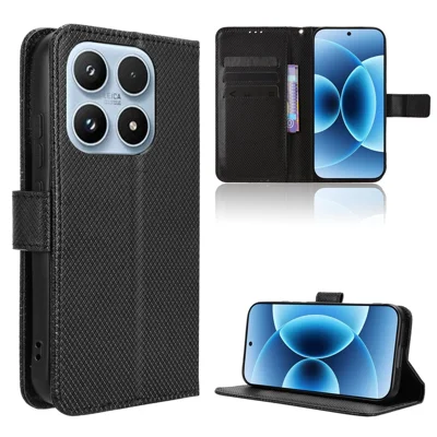 For Xiaomi 17 Leather Wallet Case with Strap Diamond Texture Phone Cover - Black