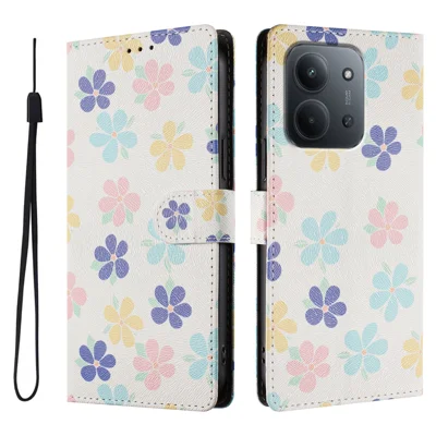For Xiaomi Redmi 15C 5G (EU) (173mm) / Xiaomi Redmi 15C 4G (EU) (173mm) Case Pattern Print PU Leather Wallet Phone Cover with Wrist Strap - Colored Flowers