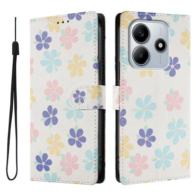 For Xiaomi Poco M7 Pro 5G / Xiaomi Redmi Note 14 5G Case Pattern Print PU Leather Wallet Phone Cover with Wrist Strap - Colored Flowers