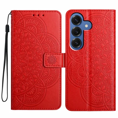 For Samsung Galaxy S26 Leather Case with Card Slots Mandala Pattern Phone Cover Stand - Red