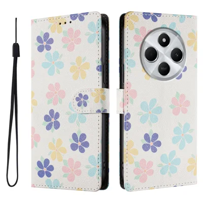 For Xiaomi Redmi 14R 5G / A4 5G / 17C 4G / 14C 5G / 14C 4G / A3 Pro 4G / Poco M7 5G / C75 4G Case Pattern Print PU Leather Wallet Phone Cover with Wrist Strap - Colored Flowers
