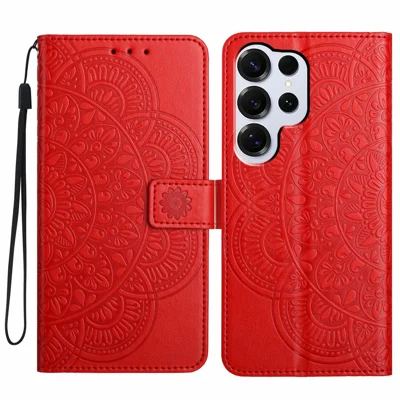 For Samsung Galaxy S26 Ultra Leather Case with Card Slots Mandala Pattern Phone Cover Stand - Red