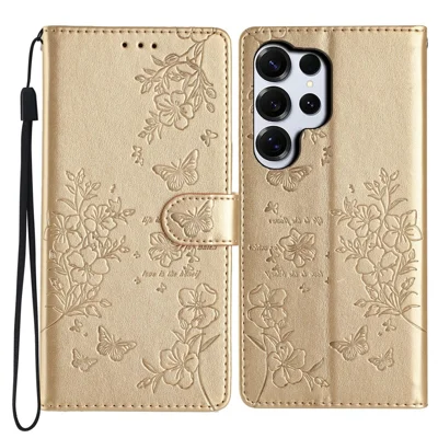 Til Samsung Galaxy S26 Ultra Wallet-telefonbeskyttelse med sommerfugl- og blomstertryk, læderlomme med rem - Guld