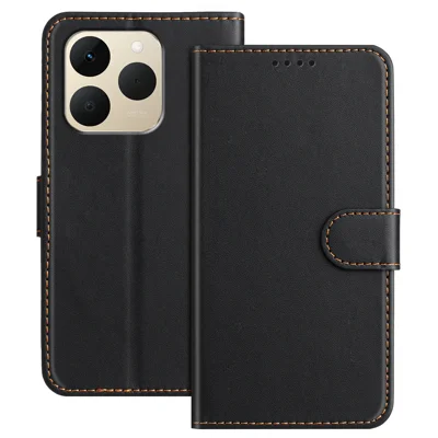 For Realme 15T 5G Leather Case Wallet Stand Solid Color Anti Drop Phone Cover - Black
