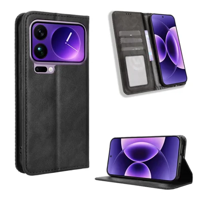 For Xiaomi 17 Pro Leather Case Wallet Stand Retro Texture Phone Cover - Black