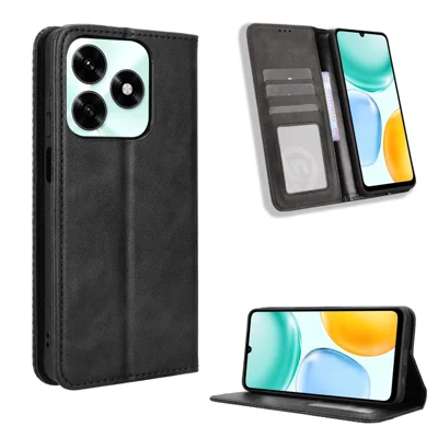 Futerał skórzany z portfelem i podstawką dla Honor X5c Plus 4G, retro faktura, pokrowiec na telefon - Czarny
