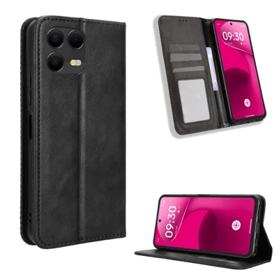 For T-Mobile Revvl 8 Pro Leather Case Wallet Stand Retro Texture Phone Cover - Black