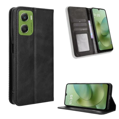 For Motorola Moto G06 Power 4G / G06 4G Leather Case Wallet Stand Retro Texture Phone Cover - Black