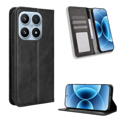 For Xiaomi 17 Leather Case Wallet Stand Retro Texture Phone Cover - Black