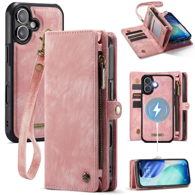 CASEME For iPhone 17 Phone Cases  008 Leather Cover with Detachable Wallet and Strap - Pink