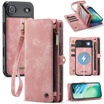 CASEME For iPhone Air Phone Cases  008 Leather Cover with Detachable Wallet and Strap - Pink
