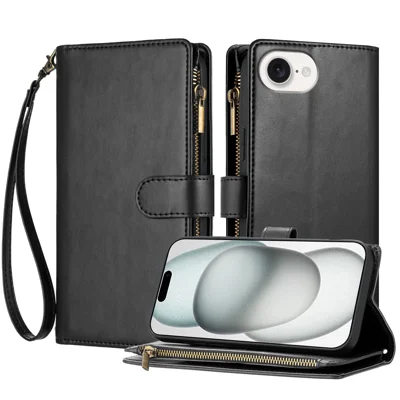 For iPhone 17e / 16e Leather Case Zipper Wallet Stand Shockproof Phone Cover with Wrist Strap - Black