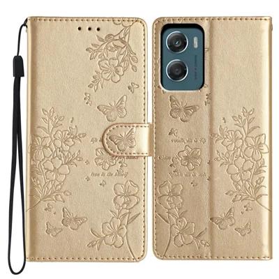 For Motorola Moto G06 Power 4G / G06 4G Wallet Phone Case Butterfly Floral Imprint Leather Flip Cover with Strap - Gold