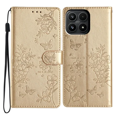 For Xiaomi 17 Wallet Phone Case Butterfly Floral Imprint Leather Flip Cover with Strap - Gold