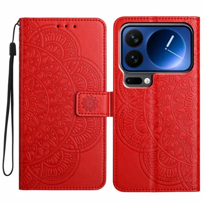 For Xiaomi 17 Pro Leather Case with Card Slots Mandala Pattern Phone Cover Stand - Red