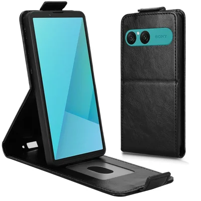 For Sony Xperia 10 VII standtaske med magnetlås, vertikal flip, læderdæksel med foldbar holder og kortlomme - Sort