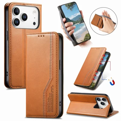 For iPhone 18 Pro / 17 Pro Case Wallet Tri-Color Stitching Leather Phone Cover with Elastic Wristband - Brown