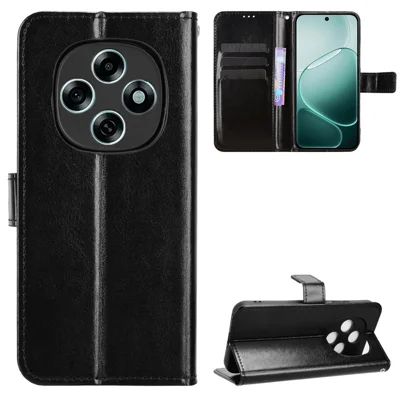For Oppo F31 Pro 5G PU Leather Case with Strap Crazy Horse Texture Phone Wallet Cover - Black