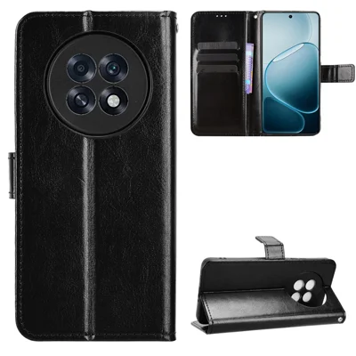 For Oppo A6 GT 5G / Oppo A6 Max 5G / Oppo F31 Pro+ 5G PU Leather Case with Strap Crazy Horse Texture Phone Wallet Cover - Black