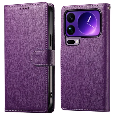 For Xiaomi 17 Pro Max Case Magnetic Snap Litchi Texture Leather Wallet Phone Cover with Wrist Strap - Purple