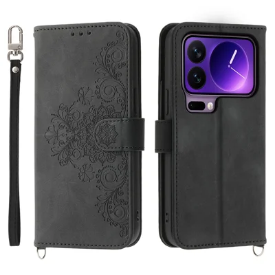 Voor Xiaomi 17 Pro Case Bloemenpatroon PU Leer Portemonnee Telefoonhoesje met Bandje - Zwart