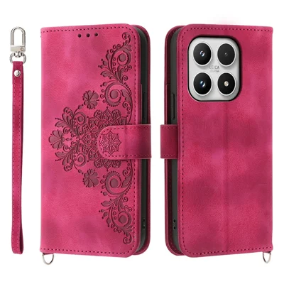 For Xiaomi 17 Case Flower Pattern PU Leather Wallet Phone Cover with Strap - Wine Red