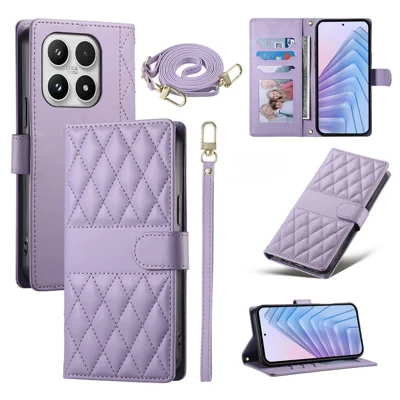 For Xiaomi 17 Wallet Case Rhombus Stitching Stand Leather Phone Cover with Long  /  Short Strap - Purple
