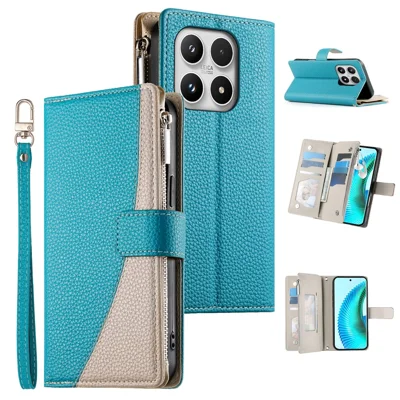 For Xiaomi 17 Case Zipper Wallet Color Splicing Leather Flip Phone Cover with Straps - Lake Blue