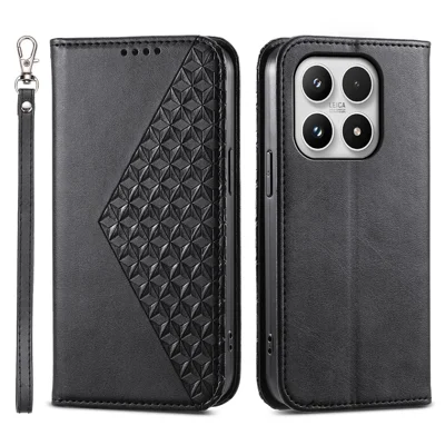For Xiaomi 17 Case Calf Texture PU Leather Wallet Phone Cover with Wrist Strap - Black
