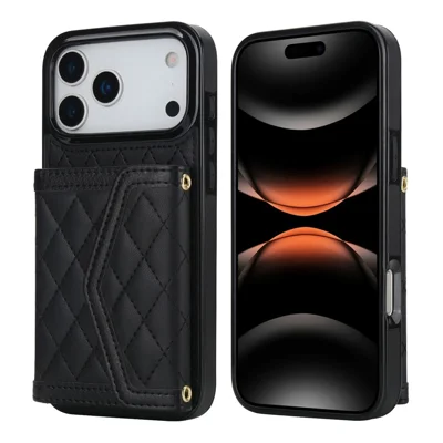 For iPhone 17 Pro Max Case Card Holders RFID Blocking PU Leather + TPU Phone Back Cover with Shoulder Strap - Zwart