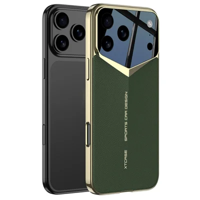 GKK For iPhone 17 Pro Case Matte Leather Coated PC Phone Cover with Electroplated Golden Edge - Green
