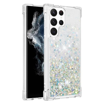 For Samsung Galaxy S23 Ultra TPU Case Glitter Quicksand Shockproof Phone Back Cover - Silver  /  Hearts