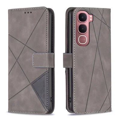BINFEN COLOR For vivo Y31 5G Phone Case  Wallet Stand Geometry Imprinted Leather Cover - Grey