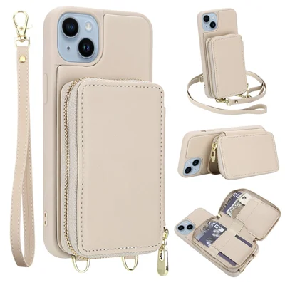 For iPhone 15 Plus / 14 Plus Case RFID Blocking Zipper Wallet Leather + TPU Phone Cover with Shoulder Strap - Apricot