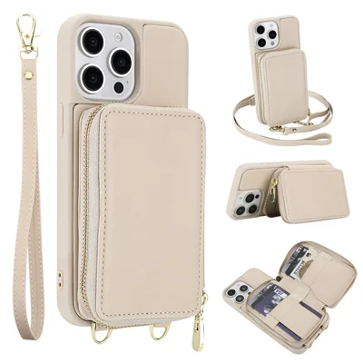 For iPhone 14 Pro Case RFID Blocking Zipper Wallet Leather + TPU Phone Cover with Shoulder Strap - Apricot