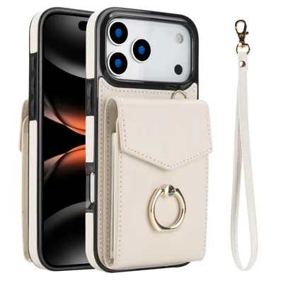 For iPhone 17 Pro Max Case Leather + TPU Accordion Card Bag Phone Cover with Ring Kickstand - Beige
