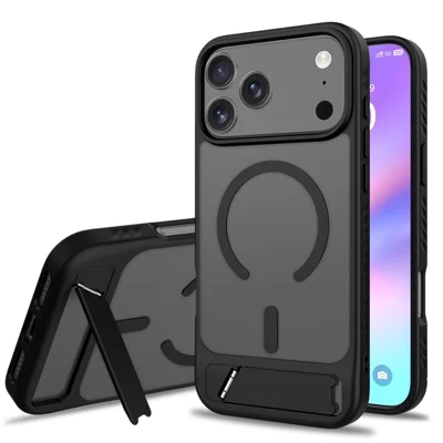 Großhandel für iPhone 17 Pro Max Hülle, kompatibel mit MagSafe, Skin-Feel PC + TPU-Ständer Handyhülle - Schwarz