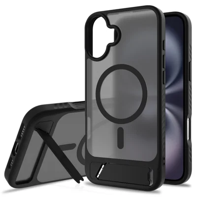 Compra a granel para la funda del iPhone 16 compatible con MagSafe Piel Tacto PC + Cubierta de teléfono de TPU con soporte - Negro
