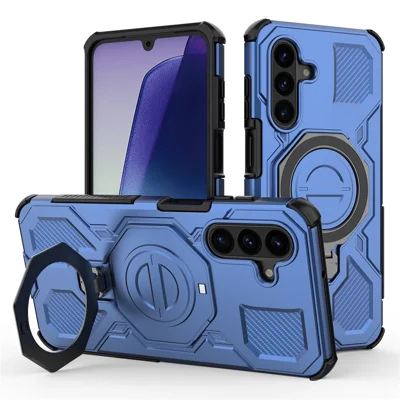 Voor Samsung Galaxy A17 5G / 4G Magnetische Hoes Roterende Metalen Standaard Stootvaste PC + TPU Telefoon Achterklep - Donkerblauw