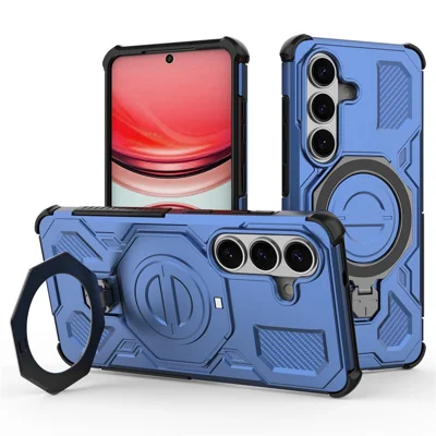 For Samsung Galaxy S26 Magnetic Case Rotating Metal Kickstand Shockproof PC + TPU Phone Back Cover - Dark Blue
