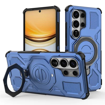 Magnetisk skåll för Samsung Galaxy S26 Ultra med roterande metallfot, chockabsorberande bakdelskåll i PC + TPU - Mörkblå